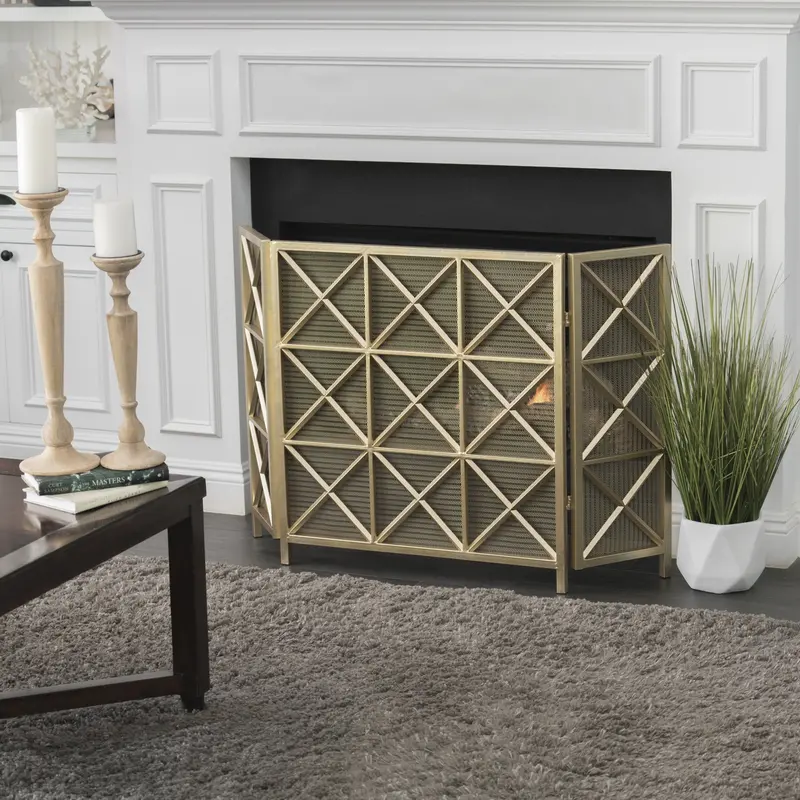 Cross-Hatch Pattern 3-Panel Iron Fireplace Screen – Textured Visual Interest, Nh755103 1