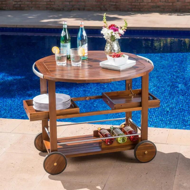 Dark Acacia Wood Outdoor Bar Cart With Powder-Coated Aluminum Details – Nh835203 1