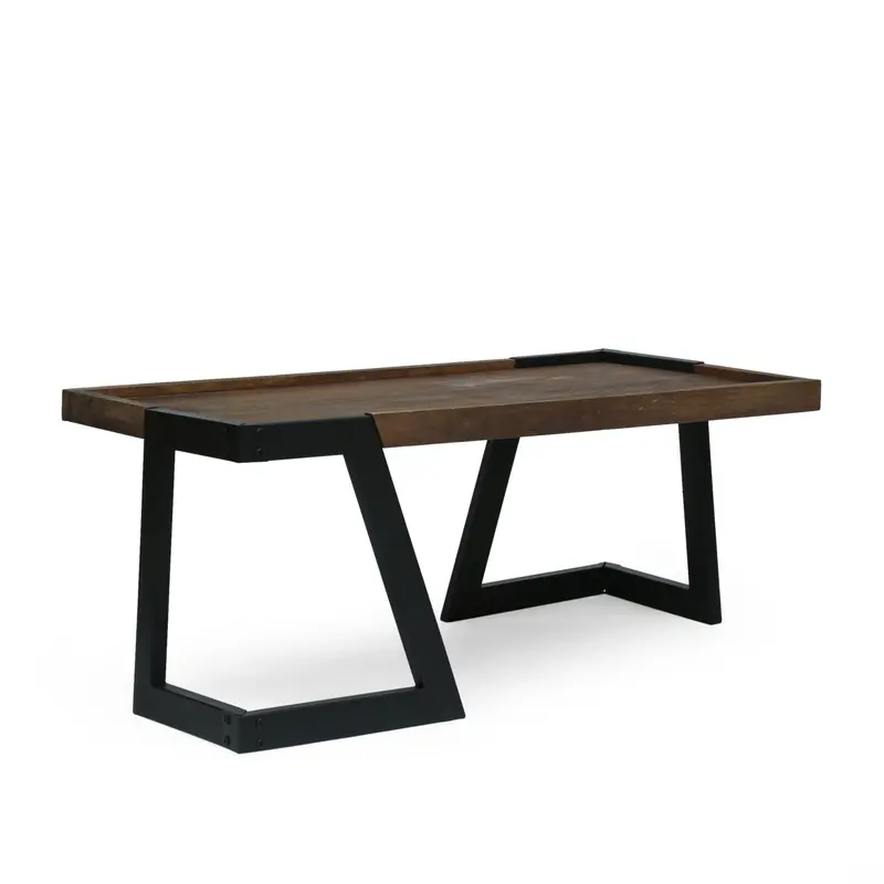 Dark Brown Mango Wood Coffee Table With Industrial Black Metal Base - Nh209413 1