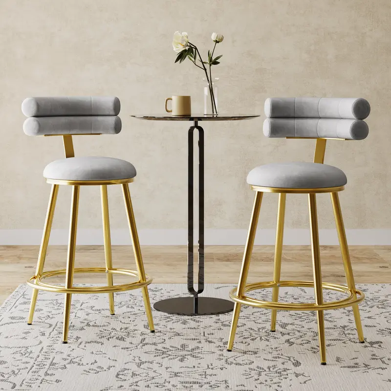Dark Grey Velvet Counter Stools – Round Seat Cushions, Stylish Bar Height Pair 1
