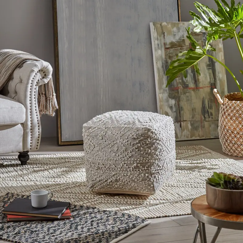 Diamond-Weave Wool-And-Viscose Cube Pouf – Boho Decorative Ottoman Nh526703 1