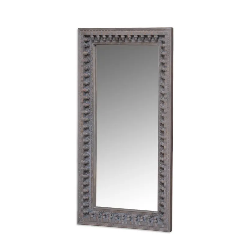 Distressed Gray Mango Wood Hanging Floor Mirror With Boho Carved Details - Nh412513 1