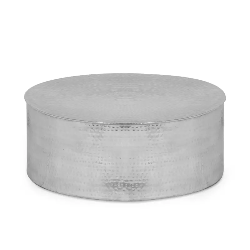Drum-Shaped Aluminum Coffee Table – Contemporary Handcrafted Design, Silver Tone, Nh927413 1
