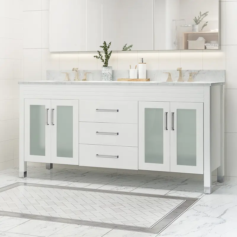 Elegant 72-Inch Bathroom Vanity In Solid Wood With Carrara White Marble Surface (Nh919703) 1