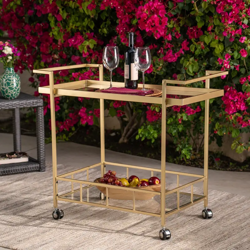 Elegant Gold-Finish Outdoor Bar Cart With Iron Frame And Glass Accents – Nh525403 1