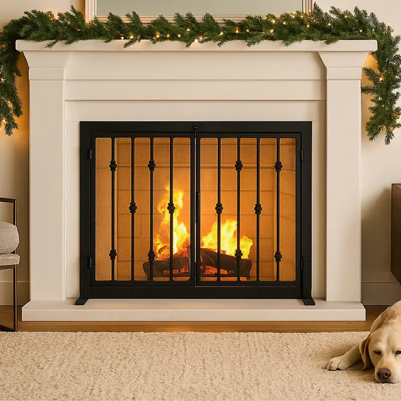Emperor Rings Freestanding Fireplace Screen – Ornamental Black Wrought Iron With Hinged Doors (44" W × 33" H) 1