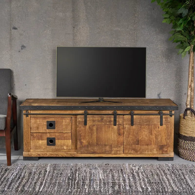 Farmhouse-Style Tv Stand With Wood And Metal Drawers And Open Shelving 1