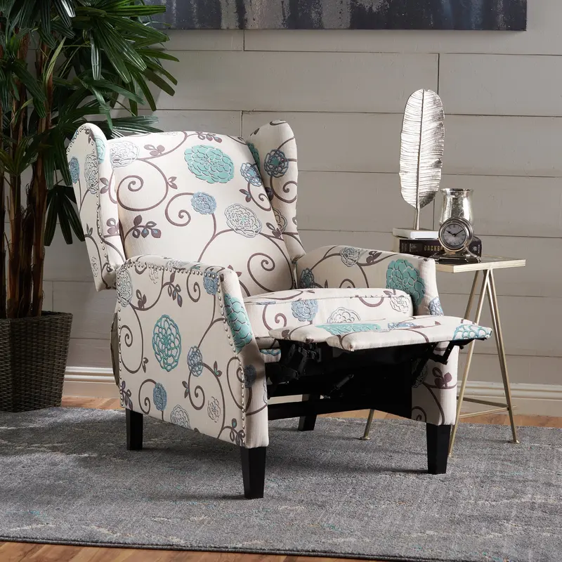 Floral-Print Wingback Recliner – Artistic Fabric, Vintage Charm - Nh080103 1
