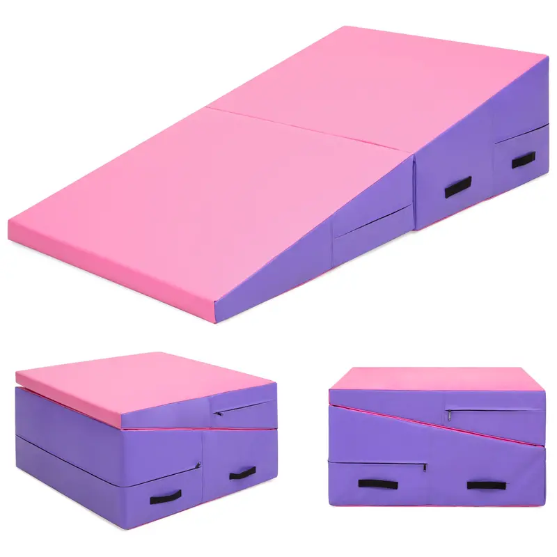 Foldable 2-Panel Foam Incline Gym Mat – Pink & Purple Cheese Wedge Design For Tumbling, Dance, And Aerobics 1