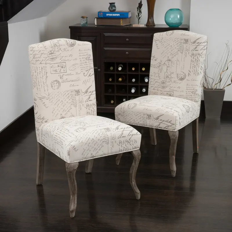 French Script-Embellished Beige Fabric Dining Chairs – Twin Pack (Model Nh472032) 1