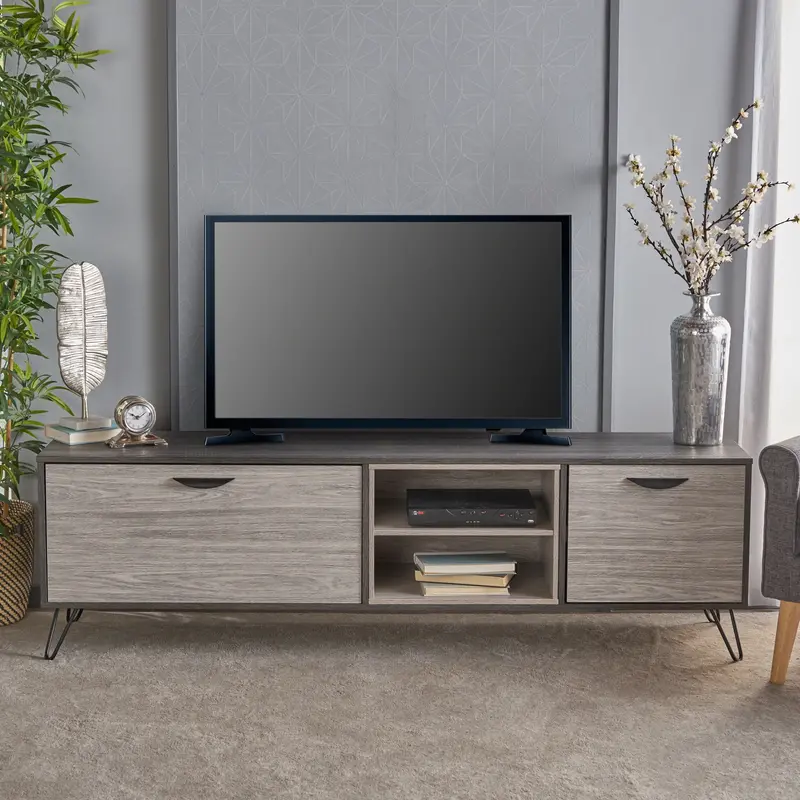 Functional Mid-Century Tv Stand With Two Cabinets And Built-In Shelving - Nh066303 1