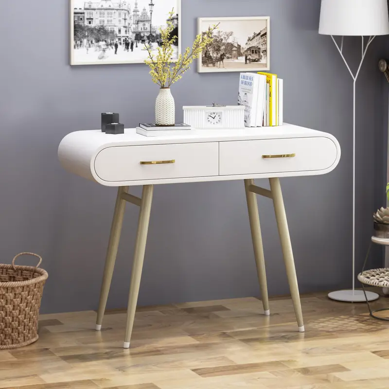 Glam Vanity Desk – White Base With Champagne Gold Accents, Mirror-Friendly Design (Nh392803) 1