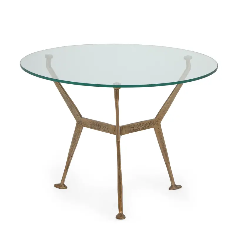 Glass-Topped Aluminum Tripod Coffee Table – Modern Glam Style, Raw Brass Accents, Nh337413 1