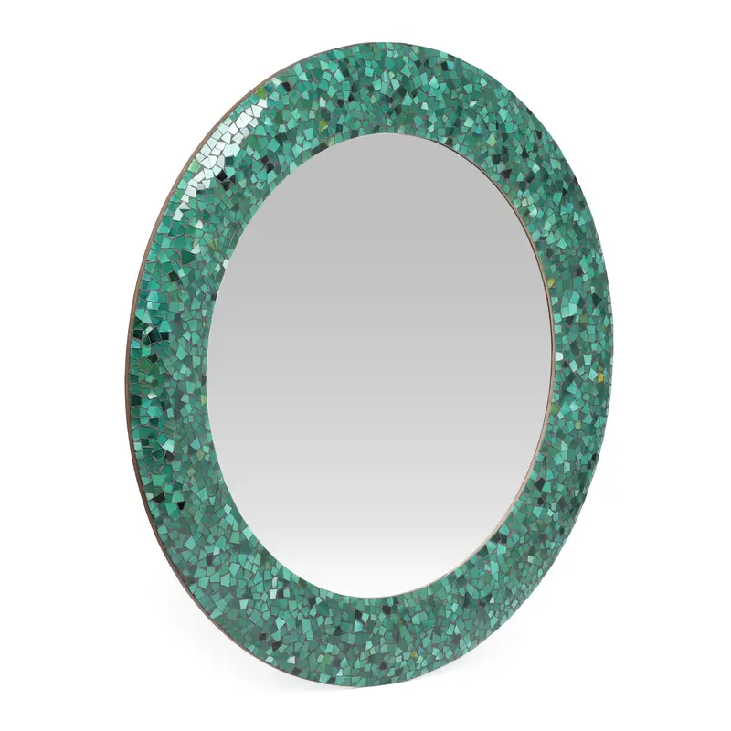 Handmade Round Mosaic Wall Mirror With Green Accents - Nh184413 1