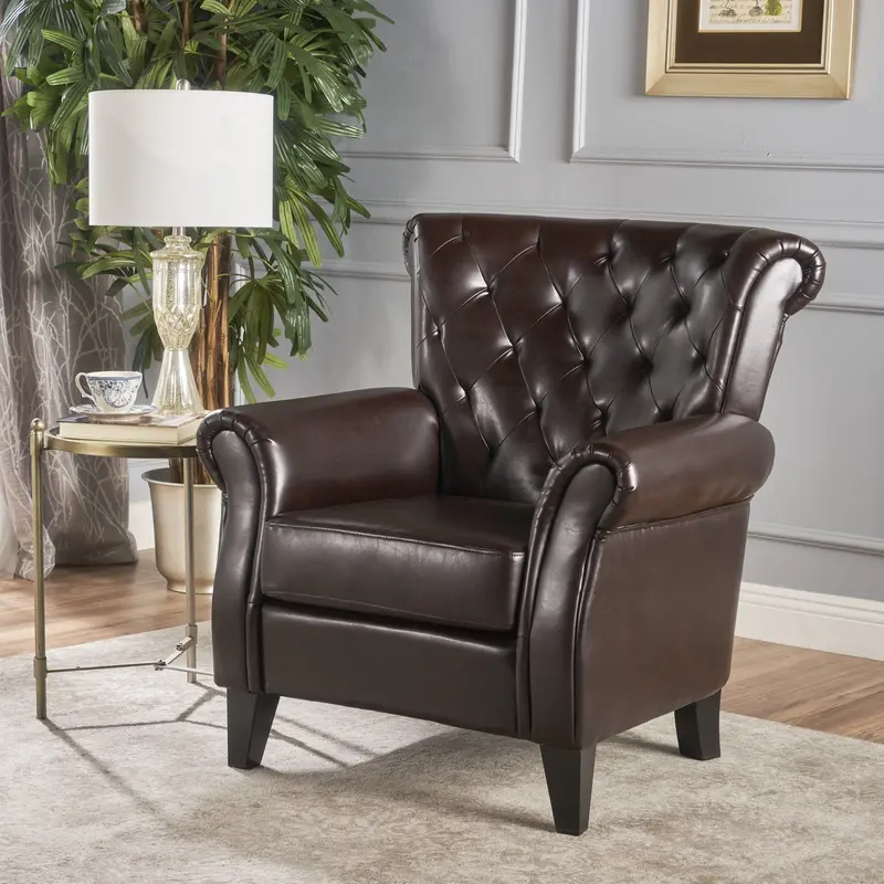 Hazelnut Leather Tufted Club Chair With Vintage Charm - Nh318912 1