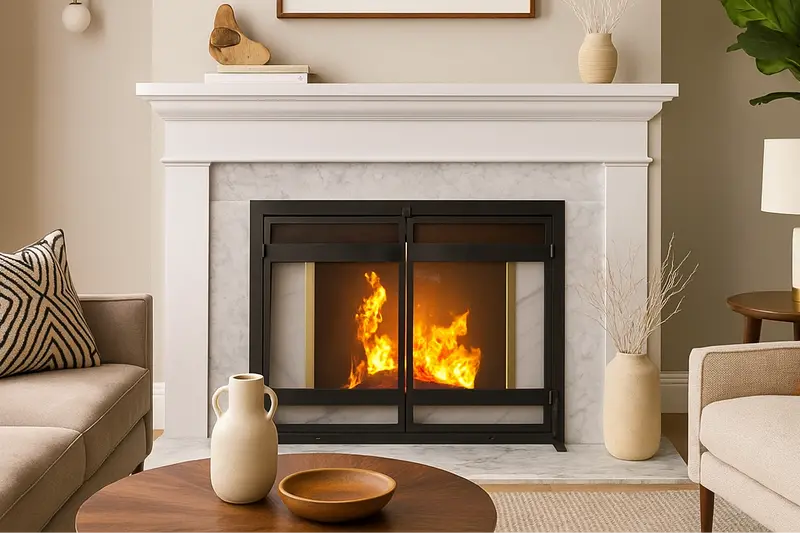 Indus Freestanding Fireplace Screen – Modern Mission-Style Wrought Iron Screen With Doors (44" W × 33" H) 1