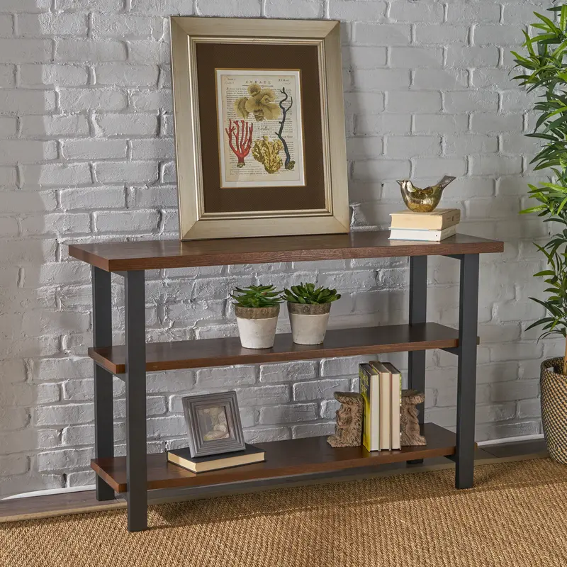 Industrial-Chic Two-Shelf Console Table – Black Metal Frame + Wood Top (Nh972303) 1