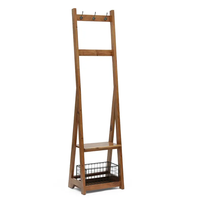 Industrial Coat Rack With Integrated Bench & Hidden Storage – Acacia Wood & Black Metal – Nh606413 1