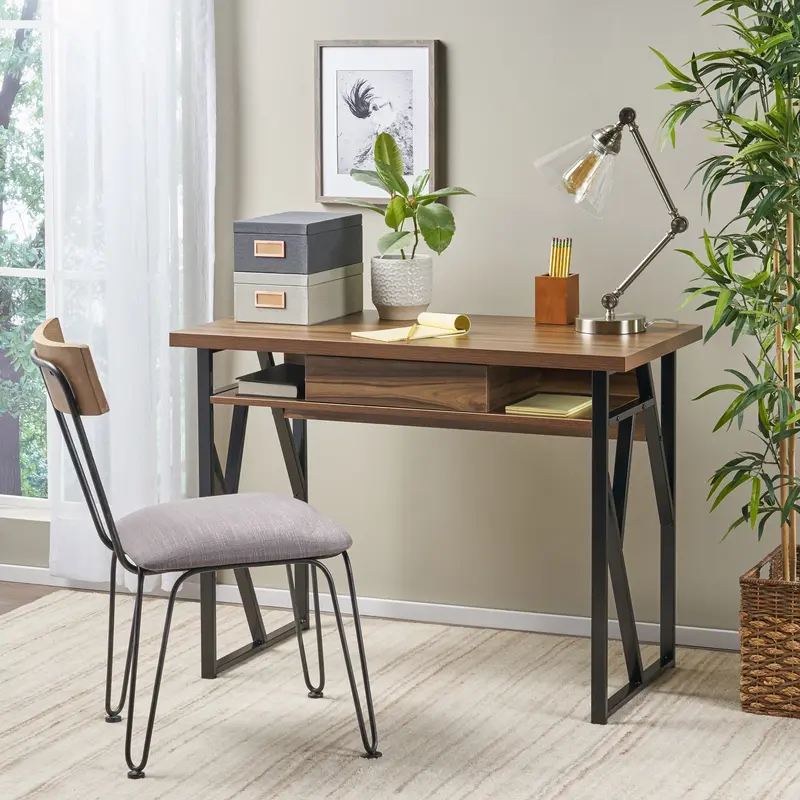 Industrial Iron Frame Writing Desk With Integrated Drawer - Nh687703 1