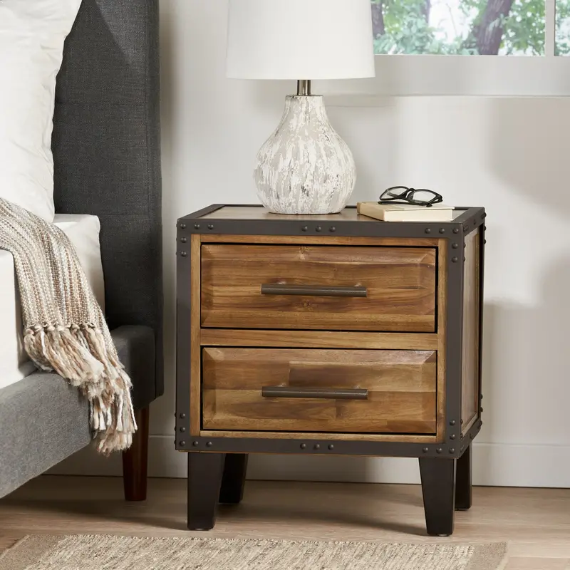 Industrial-Style Acacia Wood Nightstand With Dual Drawers – Nh403592 1
