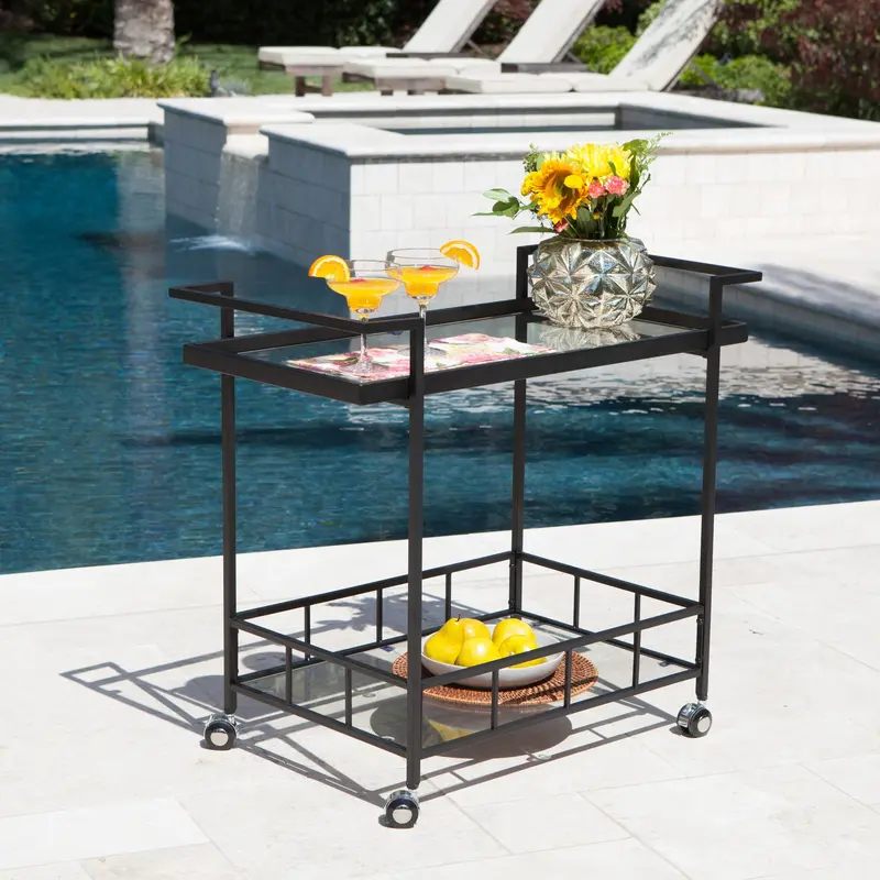 Industrial-Style Black Powder-Coated Iron Outdoor Bar Cart Featuring Tempered Glass Shelving – Nh953203 1
