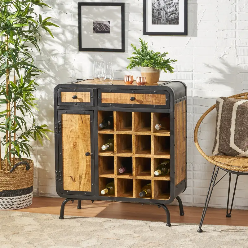 Industrial-Style Metal And Wood Wine Bar Cabinet – Nh303013 1