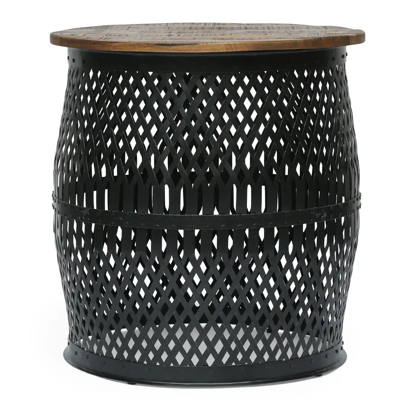 Lace-Cut Mango Wood Side Table – Industrial Aluminum Legs & Natural Wood Contrast – Nh416413 1