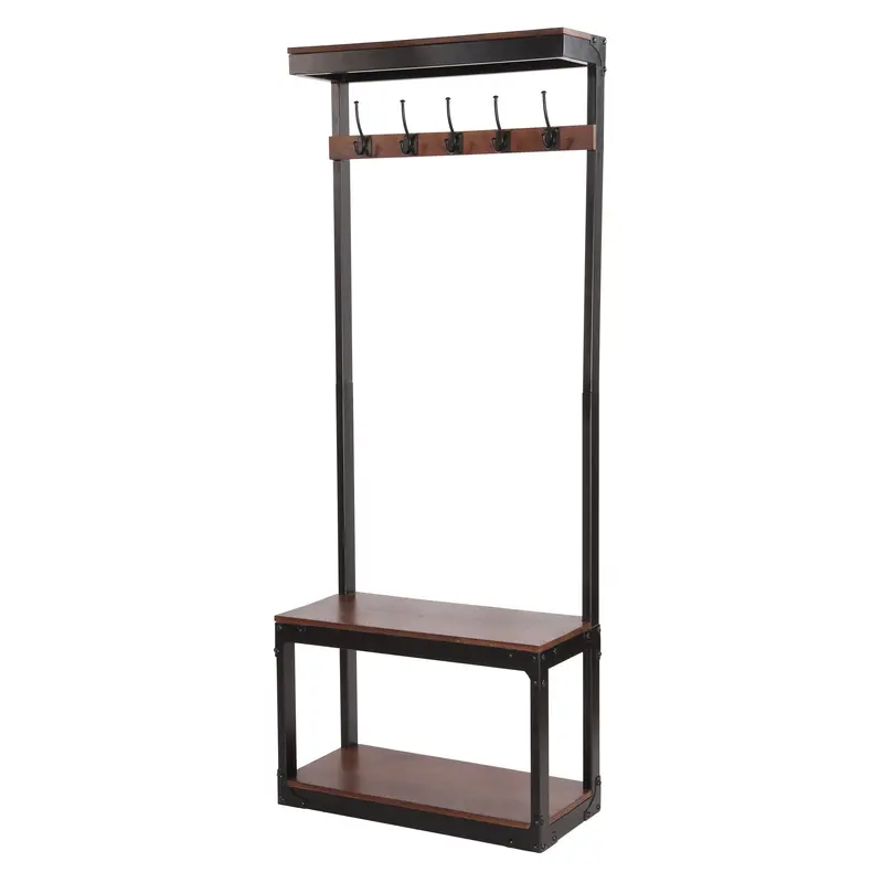 Mango Wood Industrial Coat Rack With Integrated Bench – Cafe Brown & Black 1
