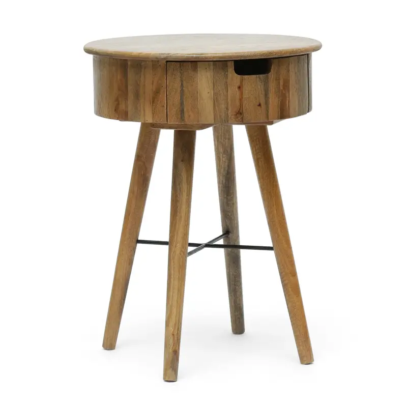 Mid-Century Mango Wood End Table With Drawer – Natural & Black Two-Tone 1