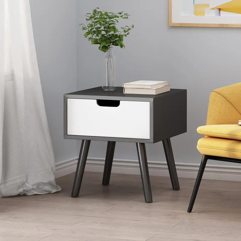 Mid-Century Modern End Table With Drawer – Walnut Veneer, Functional Compartment, Retro Flair (Nh234113) 1