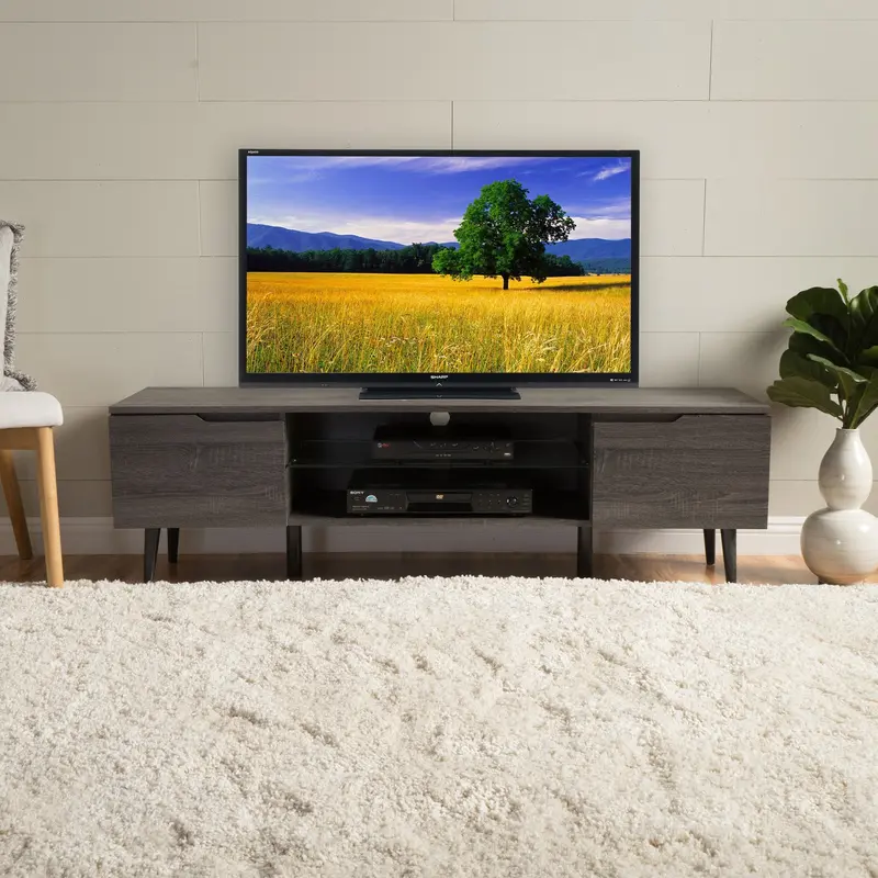 Mid-Century Modern Tv Stand With Two Cabinets And Tempered Glass Shelf - Nh770992 1