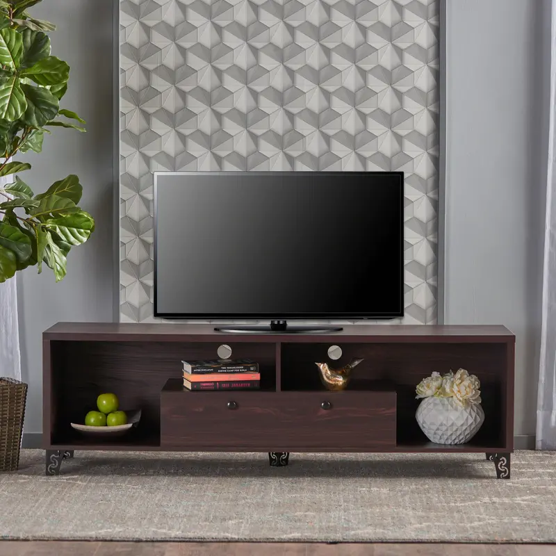 Mid-Century Tv Stand Featuring Cabinets And Open Shelving – Nh293203 1