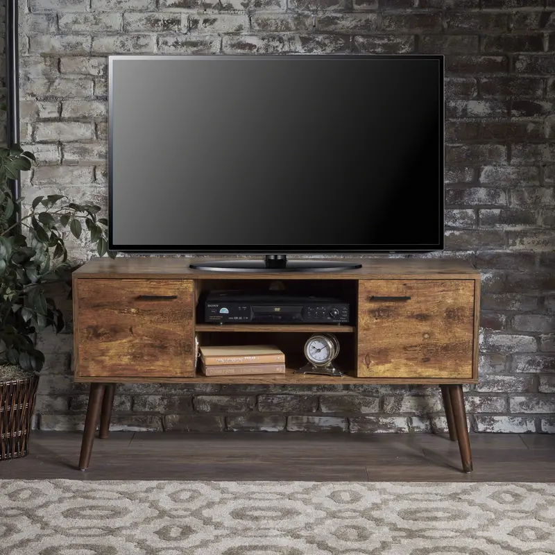 Mid-Century Tv Stand With Dual Cabinets And Solid Wood Shelves - Nh783203 1