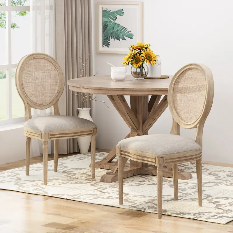 Mixed-Material Dining Chairs: Wicker Back, Fabric Seat – Set Of 2 (Nh680903) 1