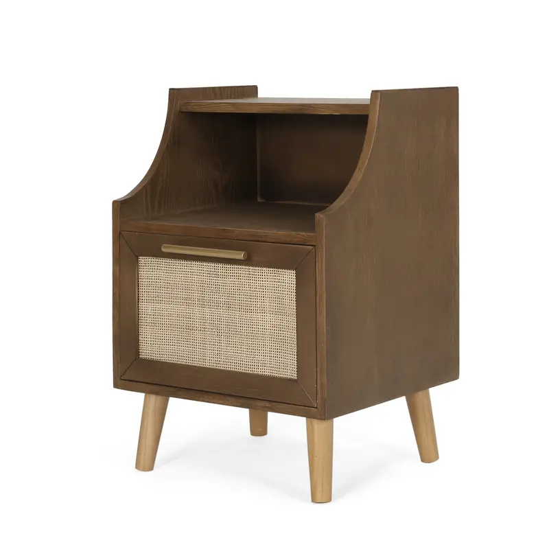 Modern Walnut End Table With Hutch In Natural Wood And Antique Gold Accents - Nh392513 1
