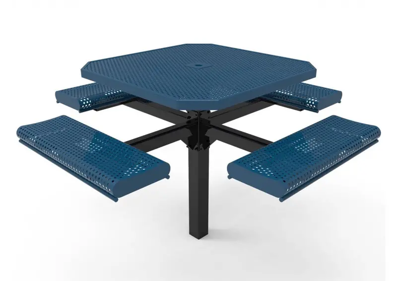 Octagonal Rolled-Edge Picnic Table With Single Central Pedestal And Perforated Steel Top 1