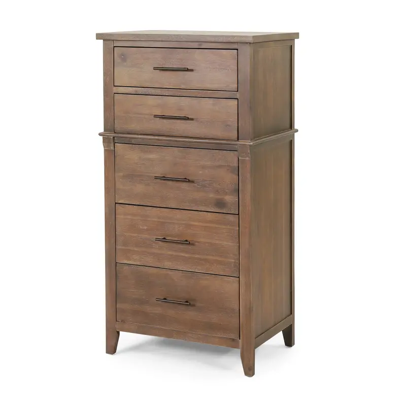 Okioki Light Brown Glazed Acacia Wood 5-Drawer Dresser – Coastal Bedroom Storage 1
