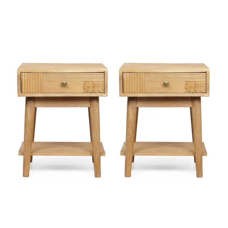 Pair Of Mango Wood Nightstands – Boho-Styled Drawers, Natural Finish, Nh233413 1