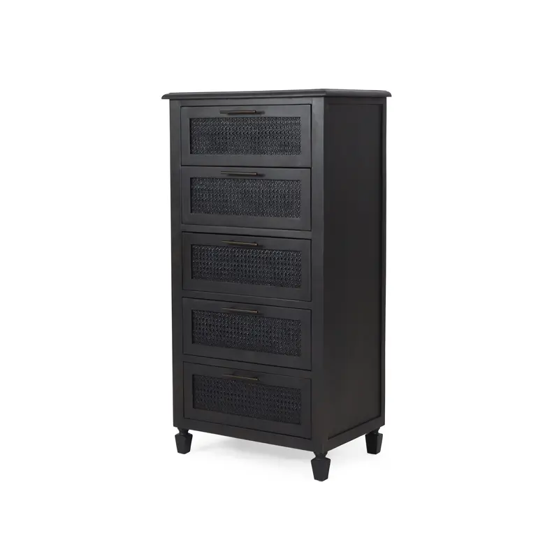 Pollards Rustic 5-Drawer Dresser – Acacia Wood & Cane Accent In Dark Gray 1