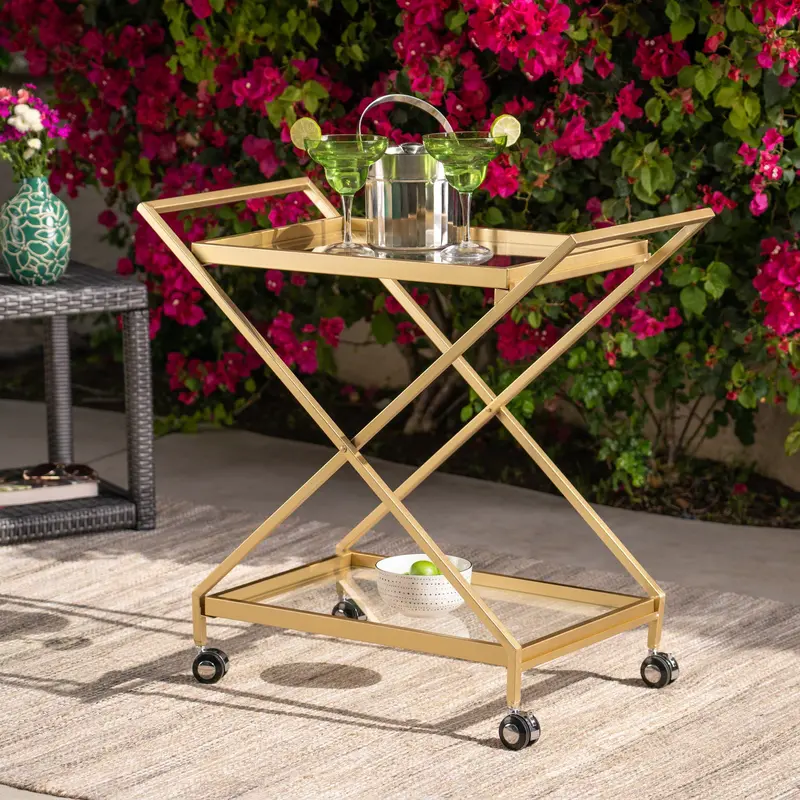 Powder-Coated Gold Iron And Glass Outdoor Bar Cart – Nh364403 1