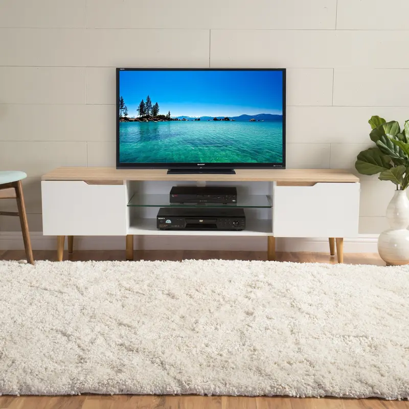 Retro-Inspired Tv Stand Featuring Twin Cabinets And Glass Display Shelf - Nh470992 1