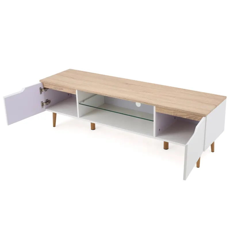Ringsted Mid-Century Tv Stand – Two-Tone Wood Media Console With Glass Shelf & Cabinets 1