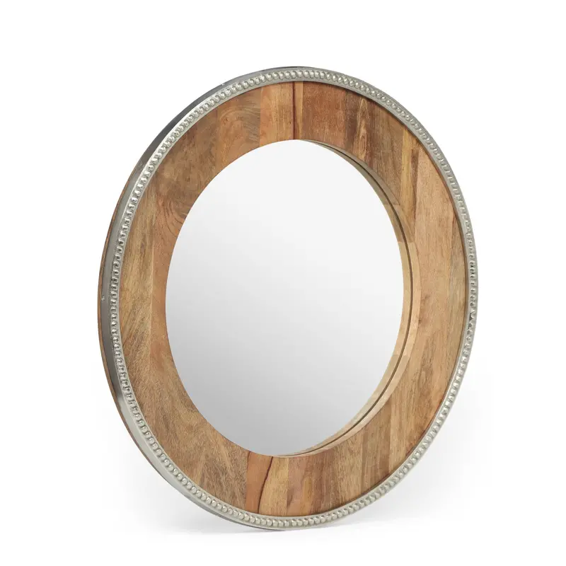 Round Mango Wood Wall Mirror – Natural Wood Frame With Silvery Metallic Trim 1