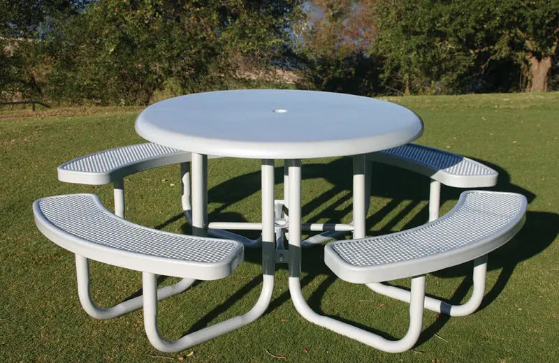 Round Portable Picnic Table With Solid Top And Perforated Steel Surface 1