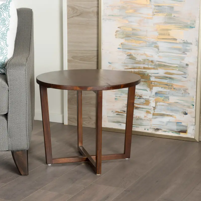 Rustic Mahogany Acacia End Table – Criss-Cross Metal Base, Round Top, Warm Finish (Nh466003) 1