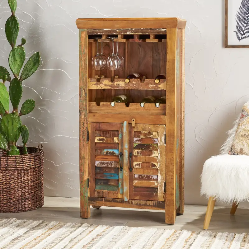 Rustic Shabby Chic Reclaimed Wood Bar Cabinet With Wine Racks – Nh764013 1