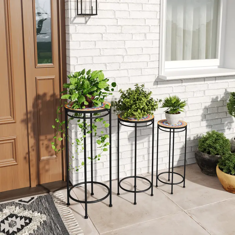 Salamande Ceramic-Tile Plant Stands With Iron Frames – Patio Decor Set Of 3 1