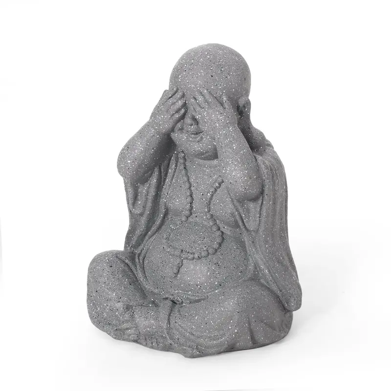 'See No Evil' Outdoor Monk Garden Statue – Textured Stone Gray Sculpture (Nh563413) 1