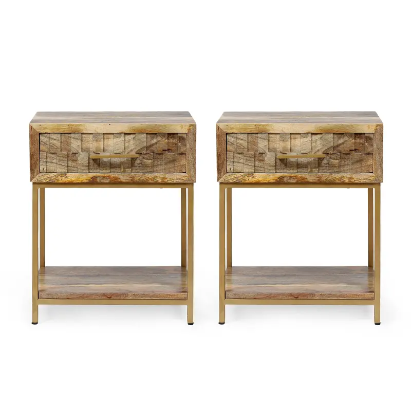 Set Of 2 Boho Mango Wood Nightstands – Matching Handmade Pair - Nh407313 1
