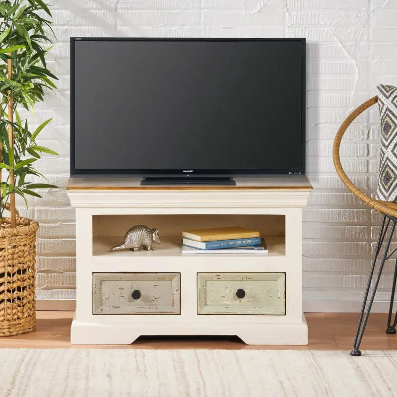 Shabby Chic Tv Stand With Two Drawers And Adjustable Shelf 1